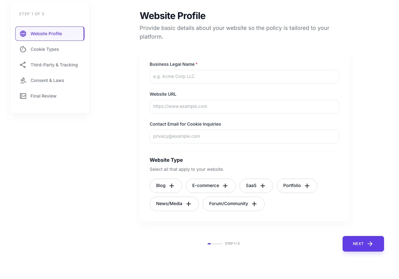 Empty Cookie Policy Generator before any input