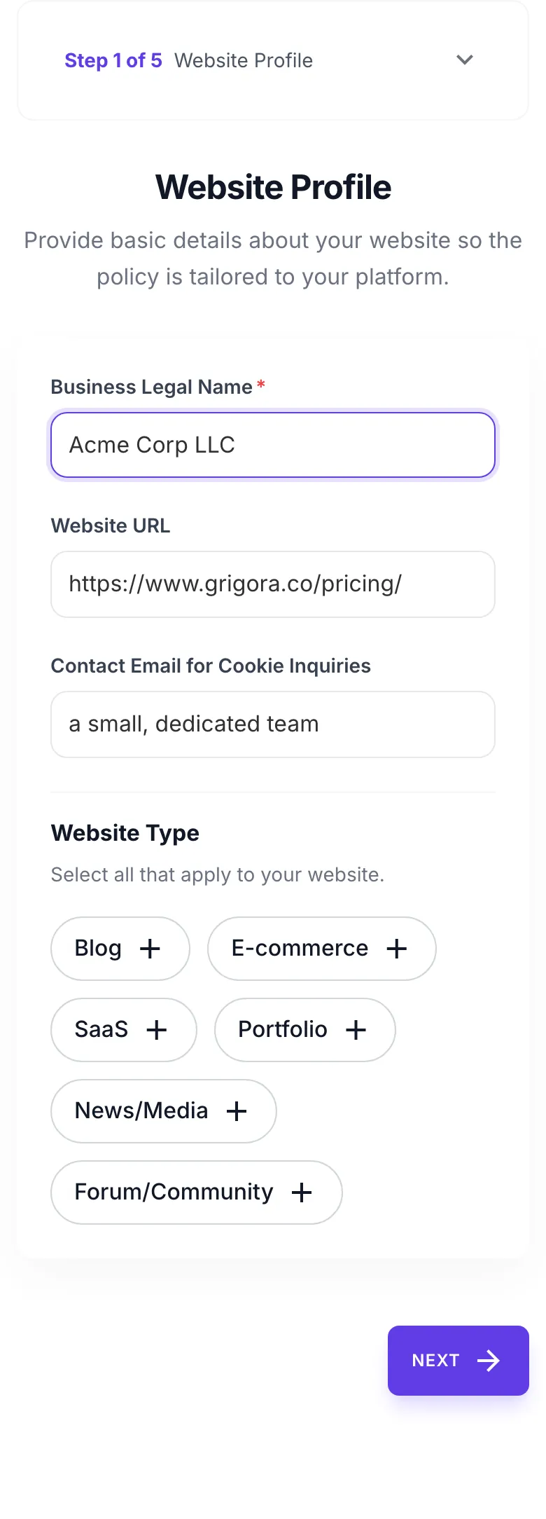 Cookie Policy Generator with input filled in