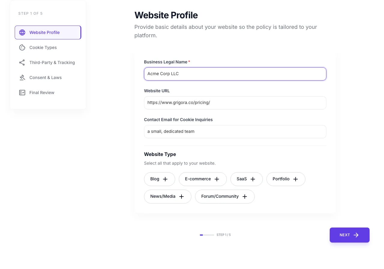 Cookie Policy Generator with input filled in