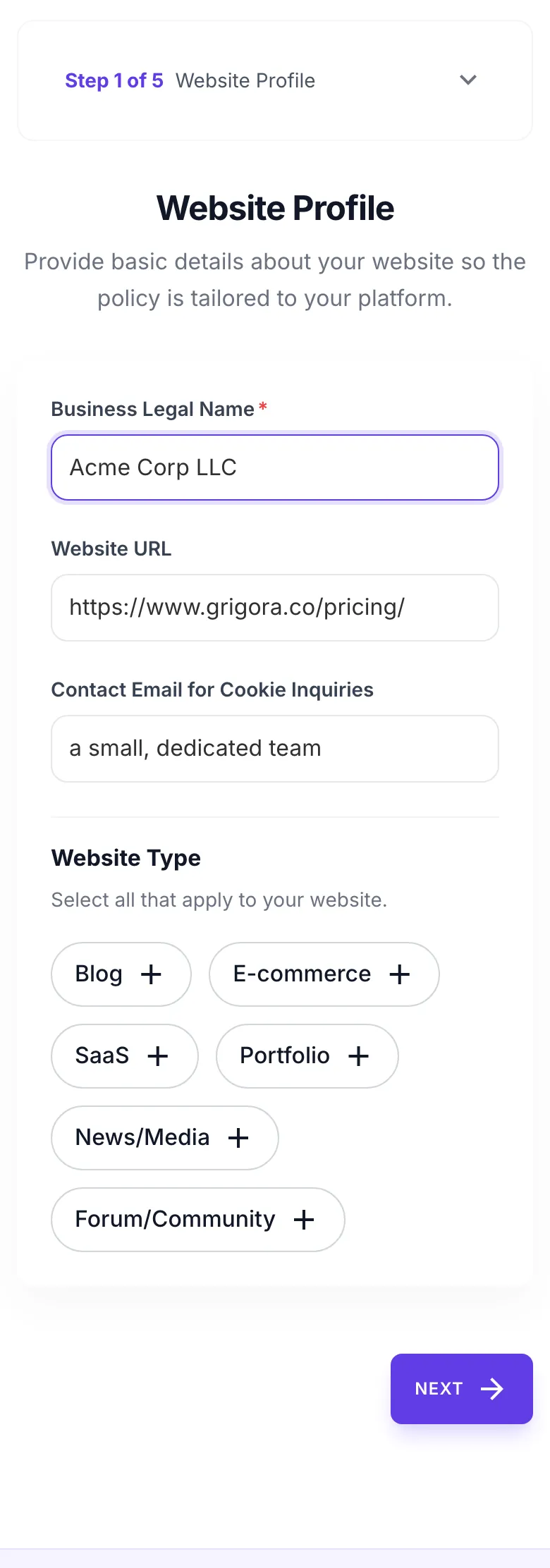 Cookie Policy Generator showing its result