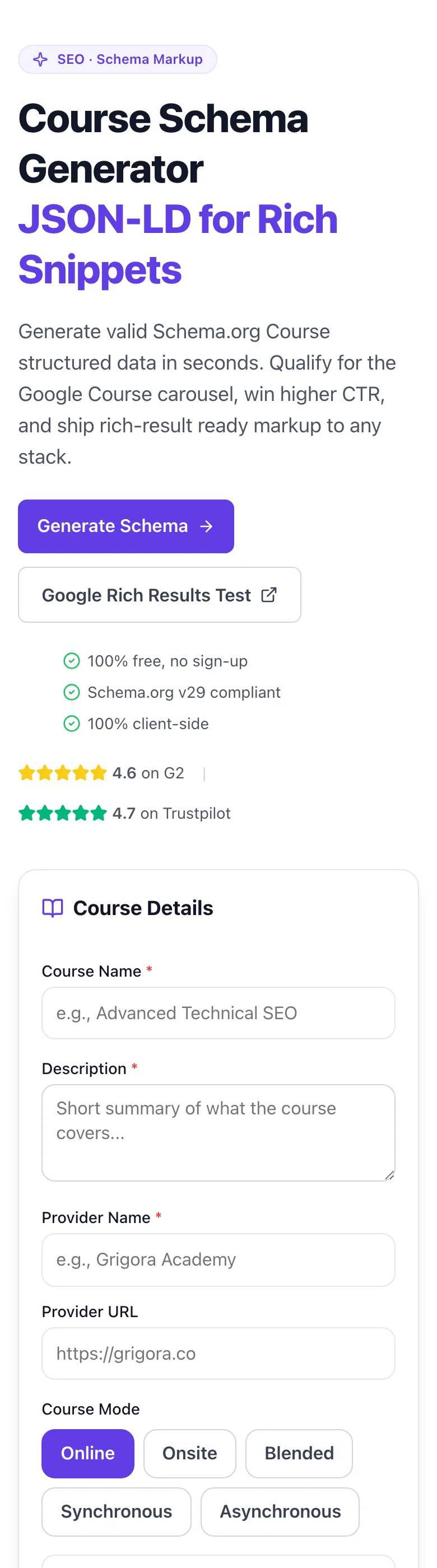Empty Course Schema Generator before any input