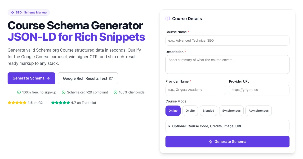 Empty Course Schema Generator before any input