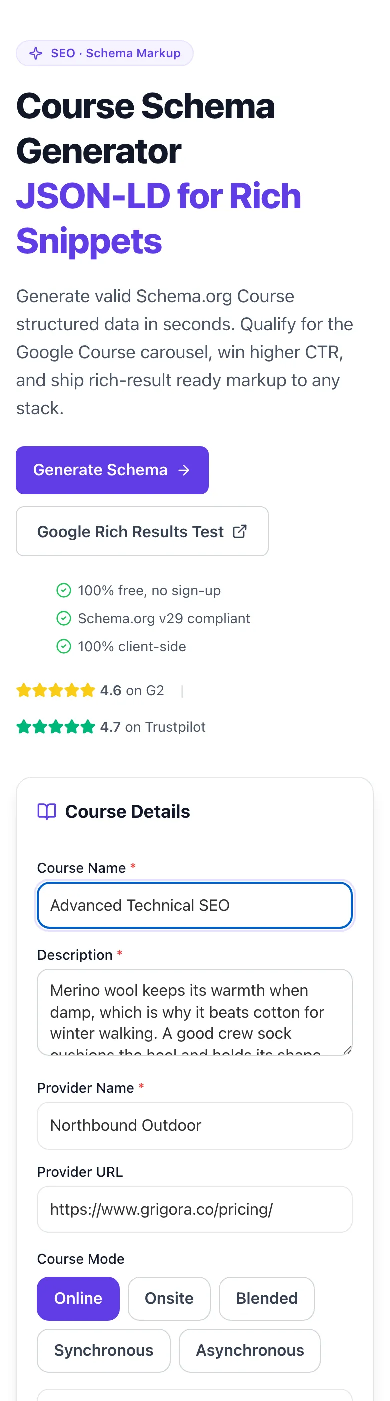 Course Schema Generator with input filled in