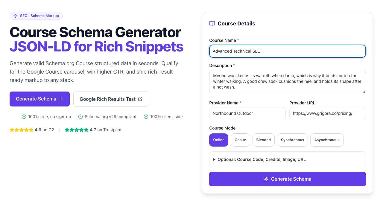 Course Schema Generator with input filled in