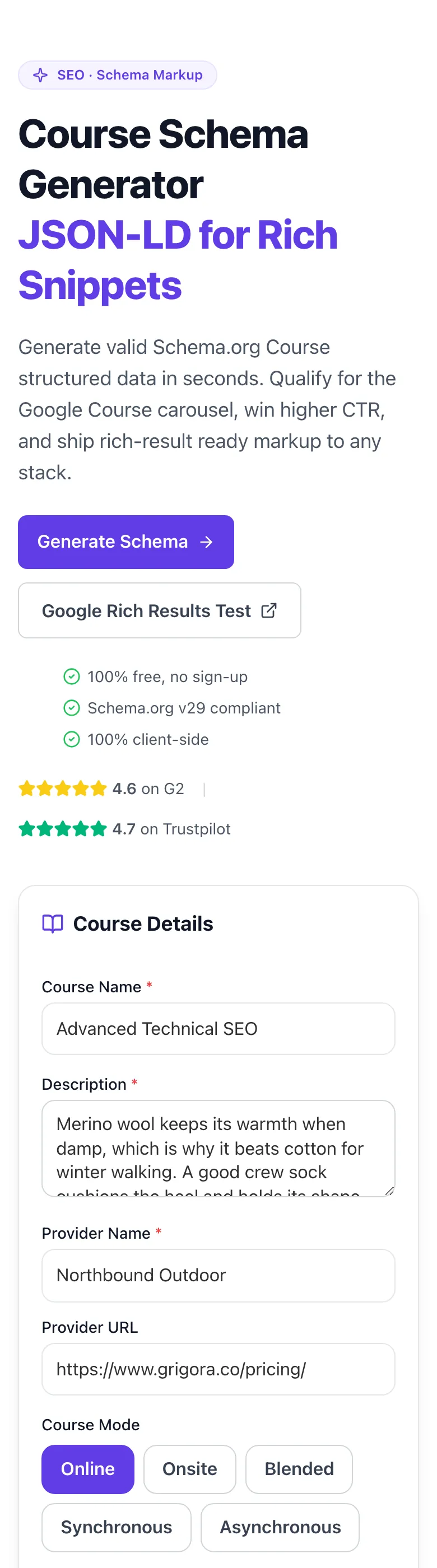 Course Schema Generator showing its result