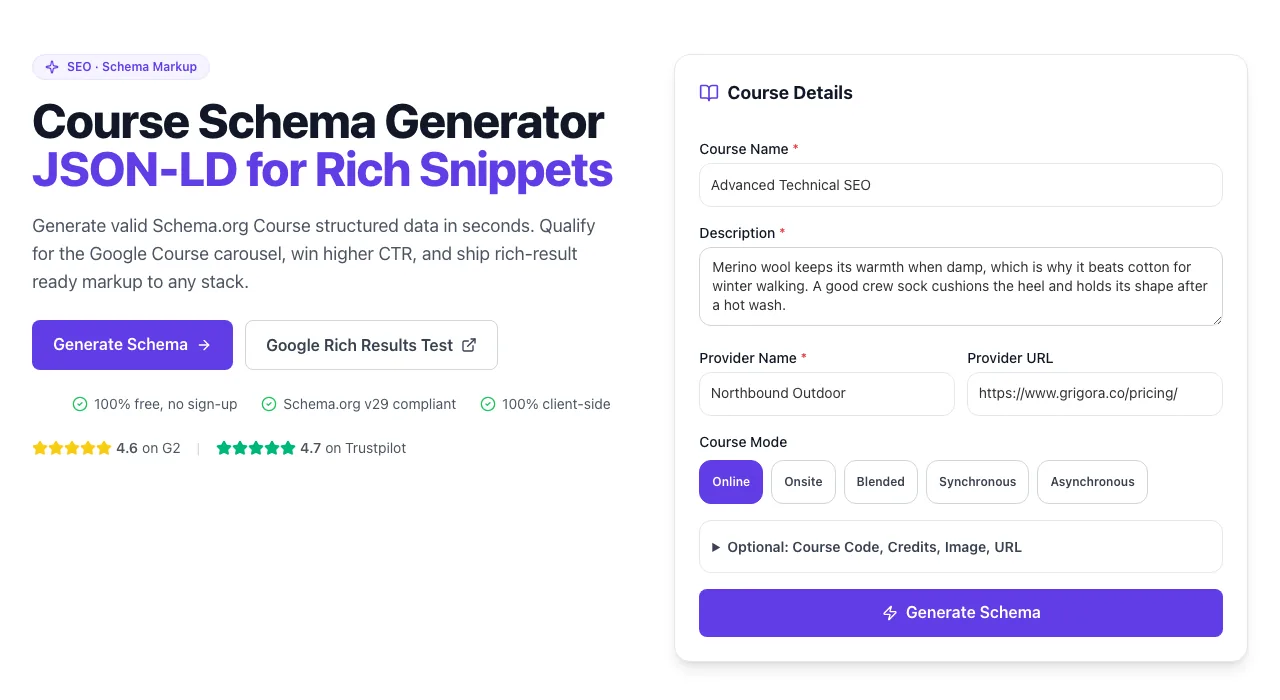 Course Schema Generator showing its result