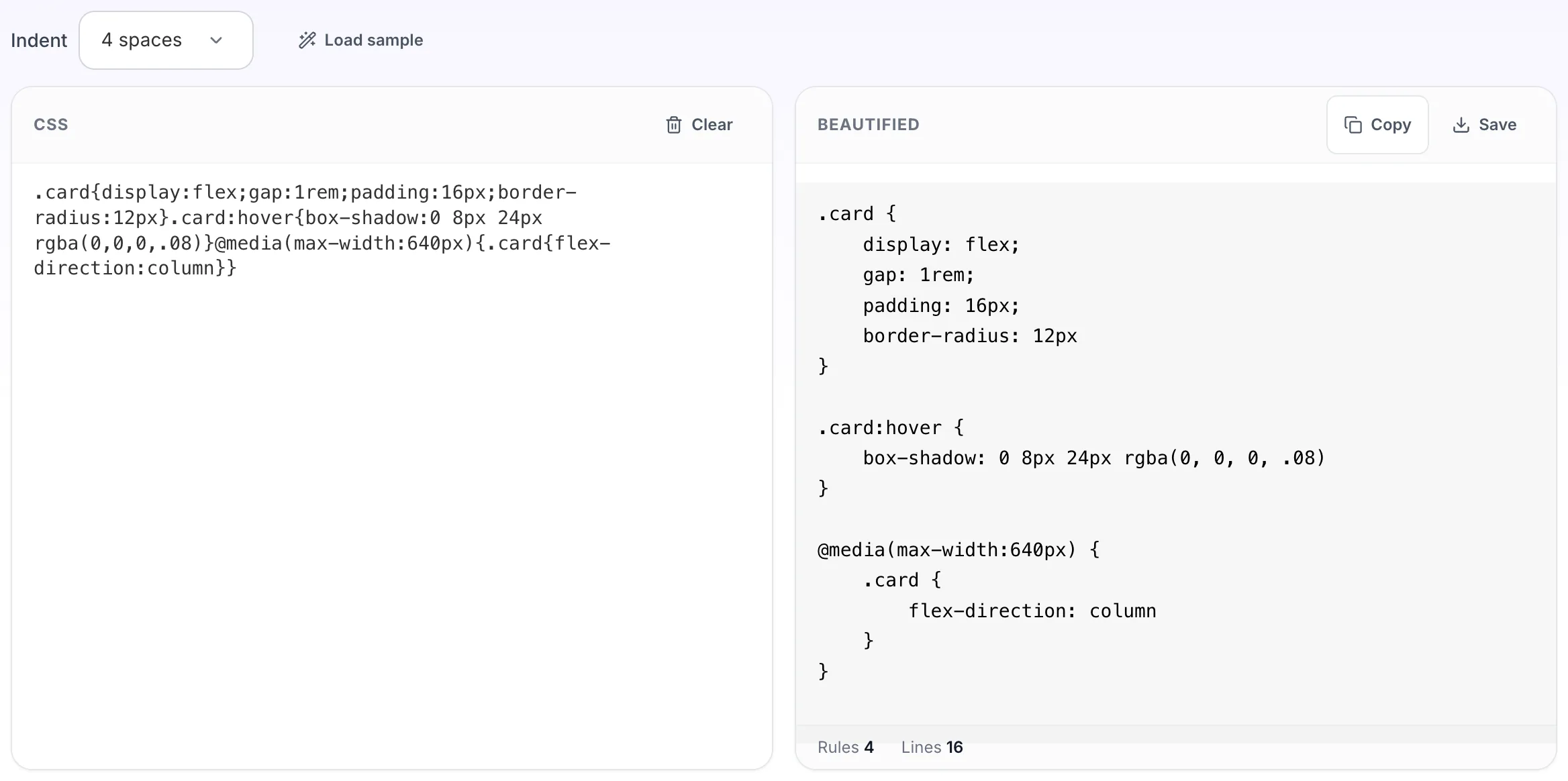 CSS Beautifier with input in place