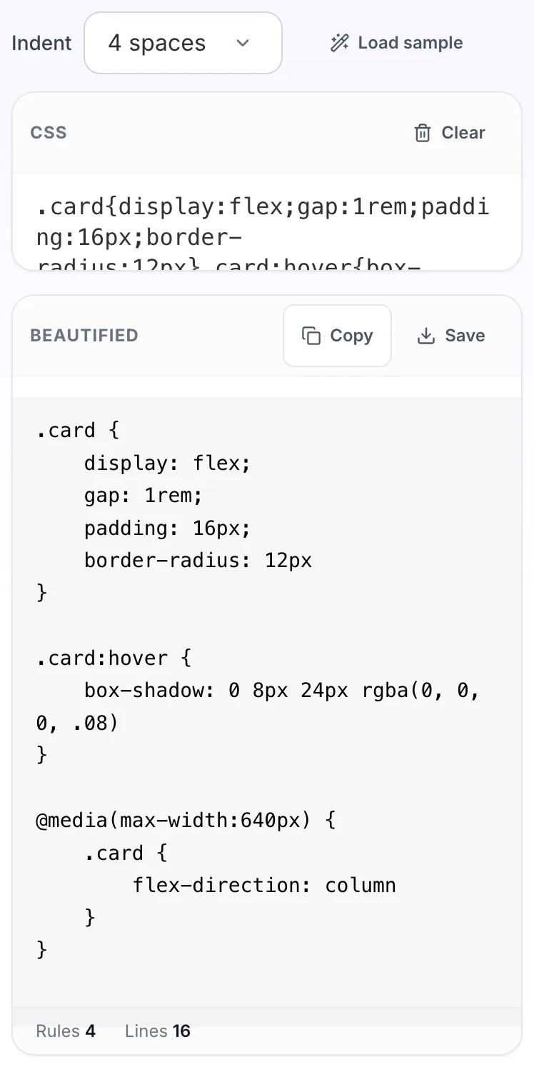CSS Beautifier showing its result