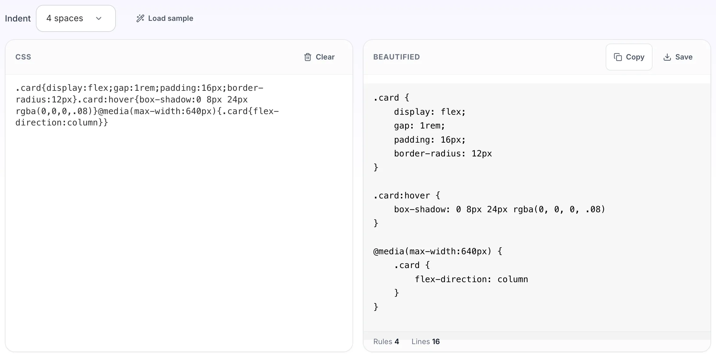CSS Beautifier showing its result