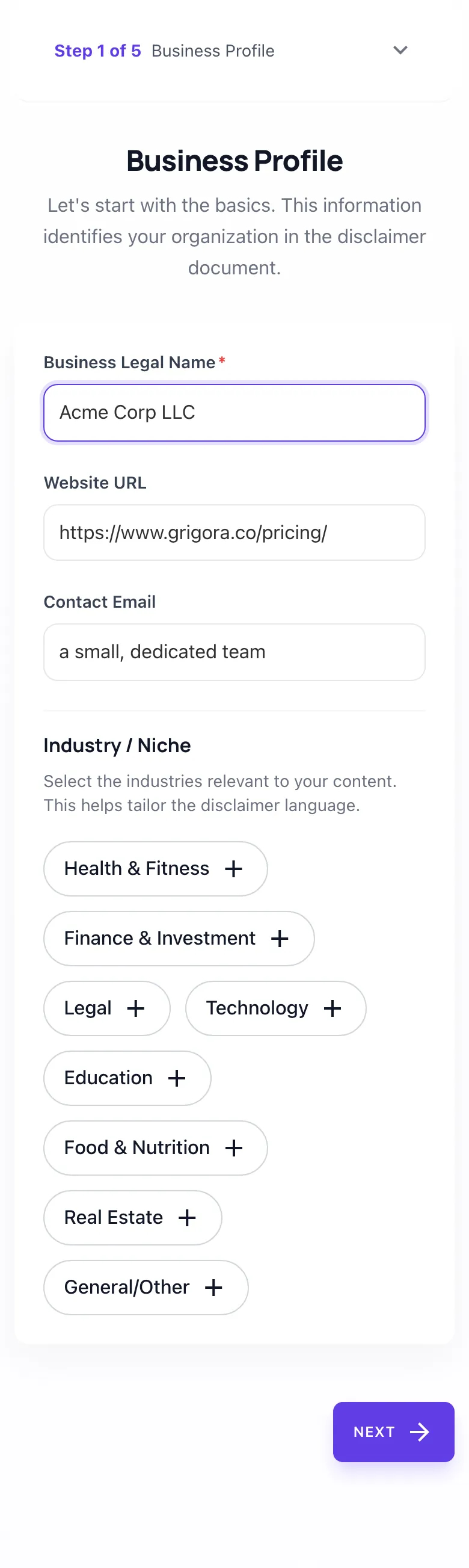 Disclaimer Generator with input filled in