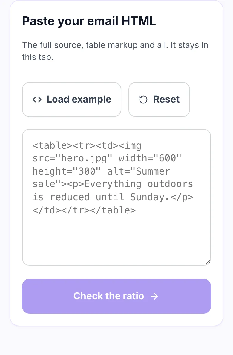 Empty email image to text ratio checker showing an HTML paste box