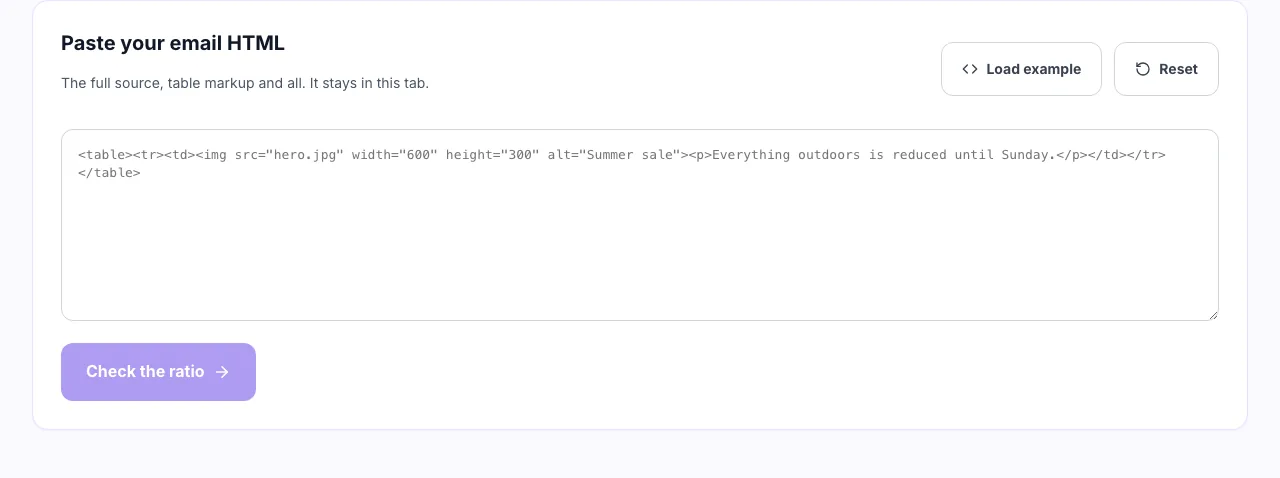 Empty email image to text ratio checker showing an HTML paste box