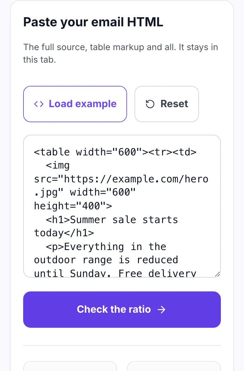 Image to text ratio checker with example email HTML loaded into the box