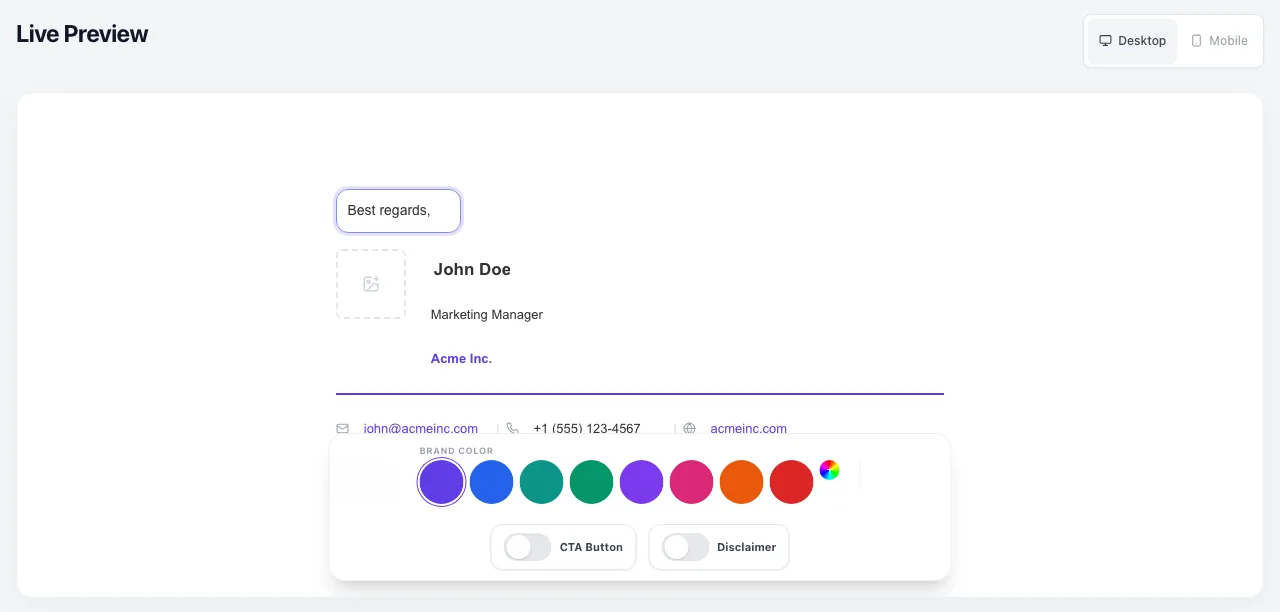 Email Signature Generator showing its result
