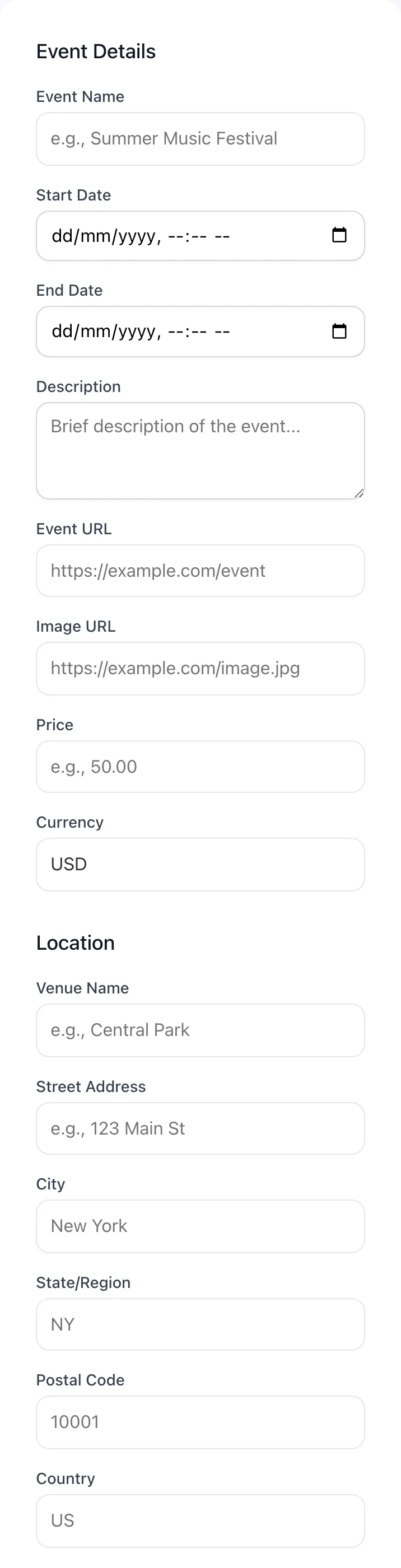 Empty Event Schema Generator before any input