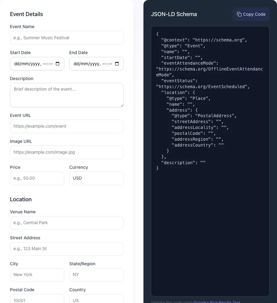 Empty Event Schema Generator before any input