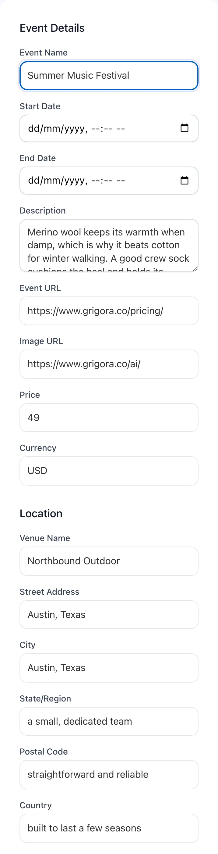 Event Schema Generator with input filled in