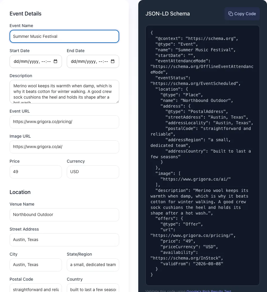 Event Schema Generator with input filled in