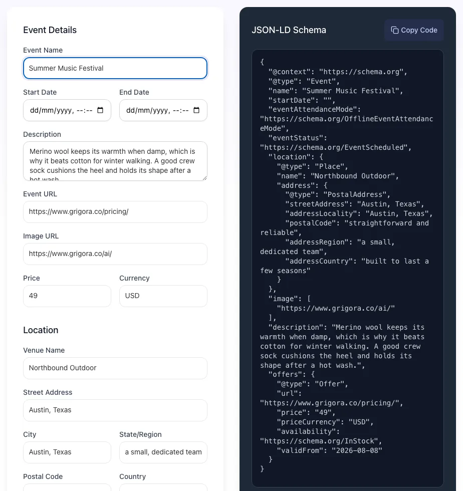 Event Schema Generator showing its result