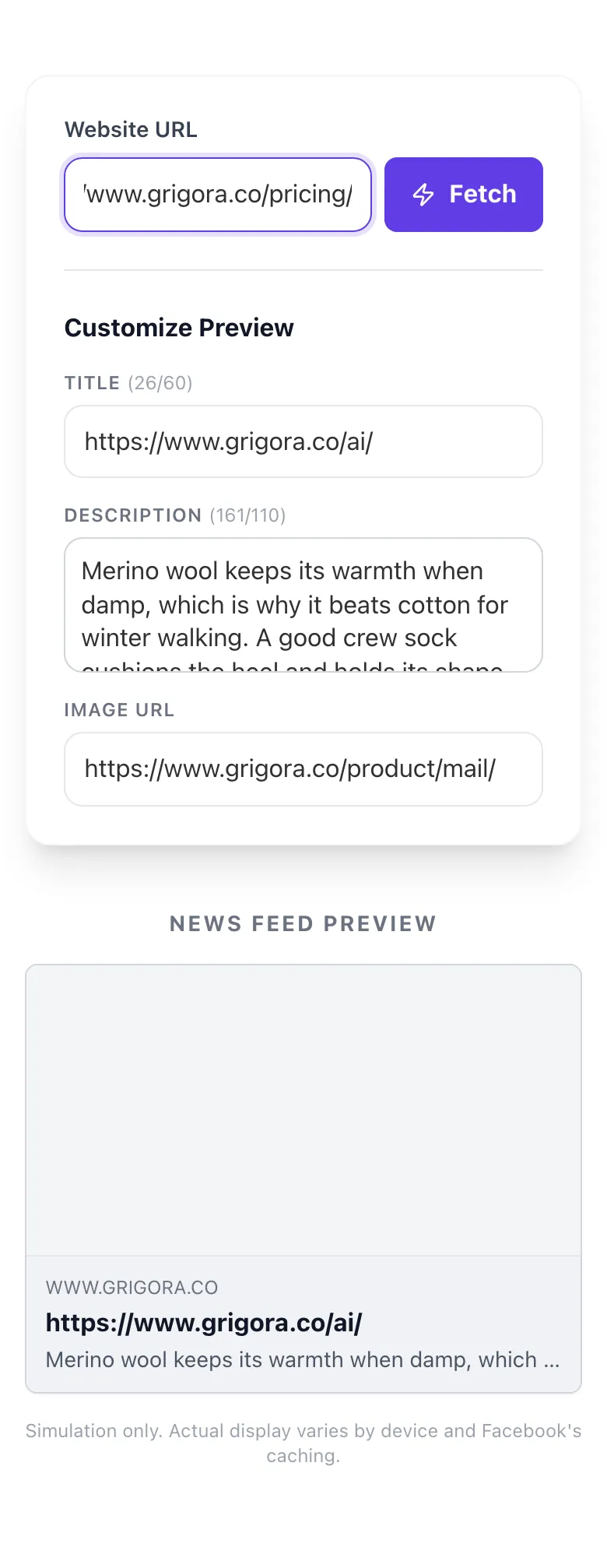 Facebook Share Preview with input filled in
