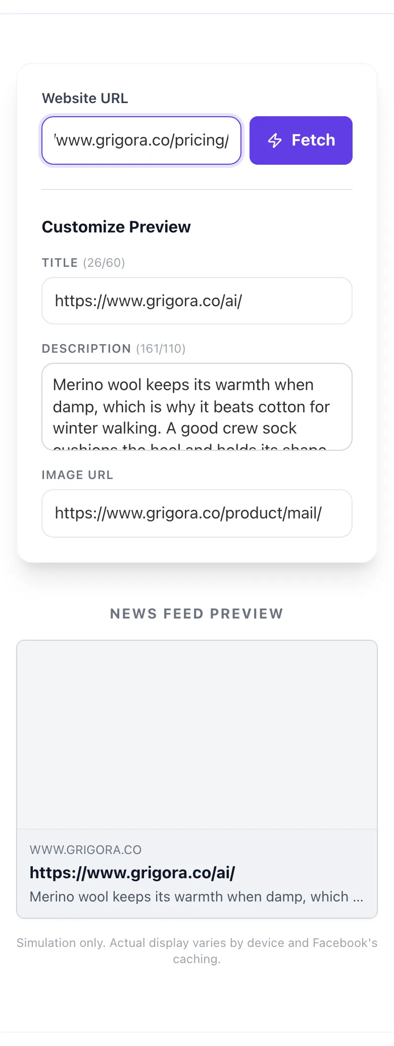 Facebook Share Preview showing its result