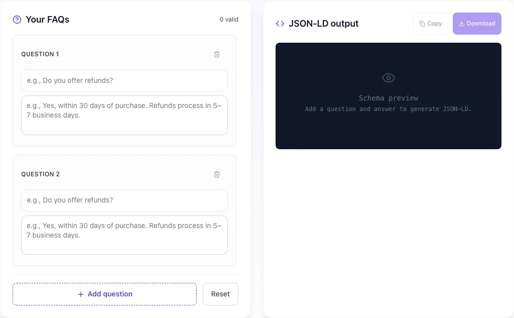 Empty FAQ Schema Generator before any input