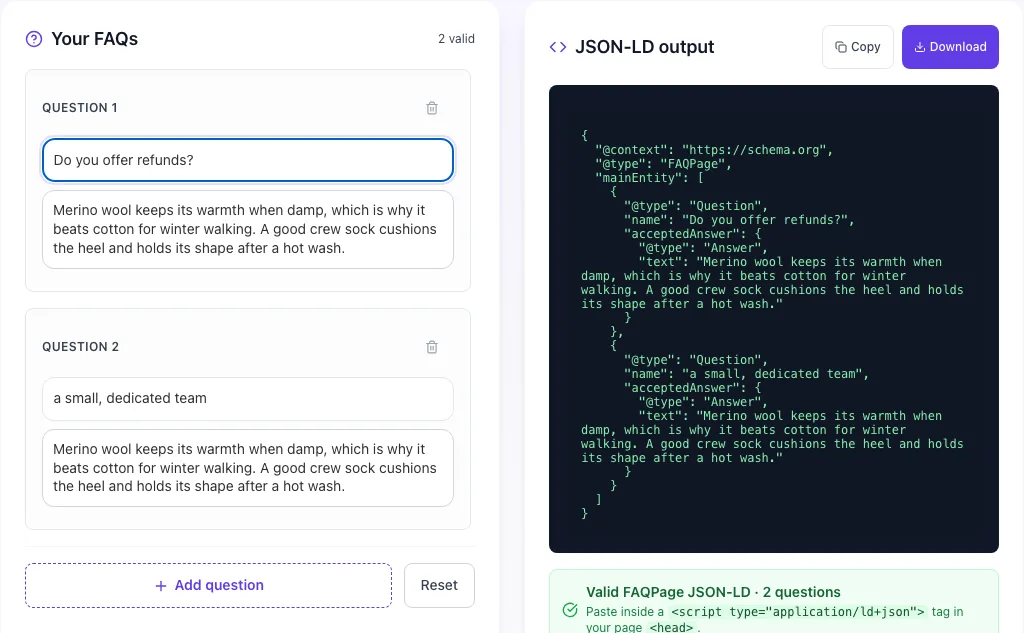 FAQ Schema Generator with input filled in