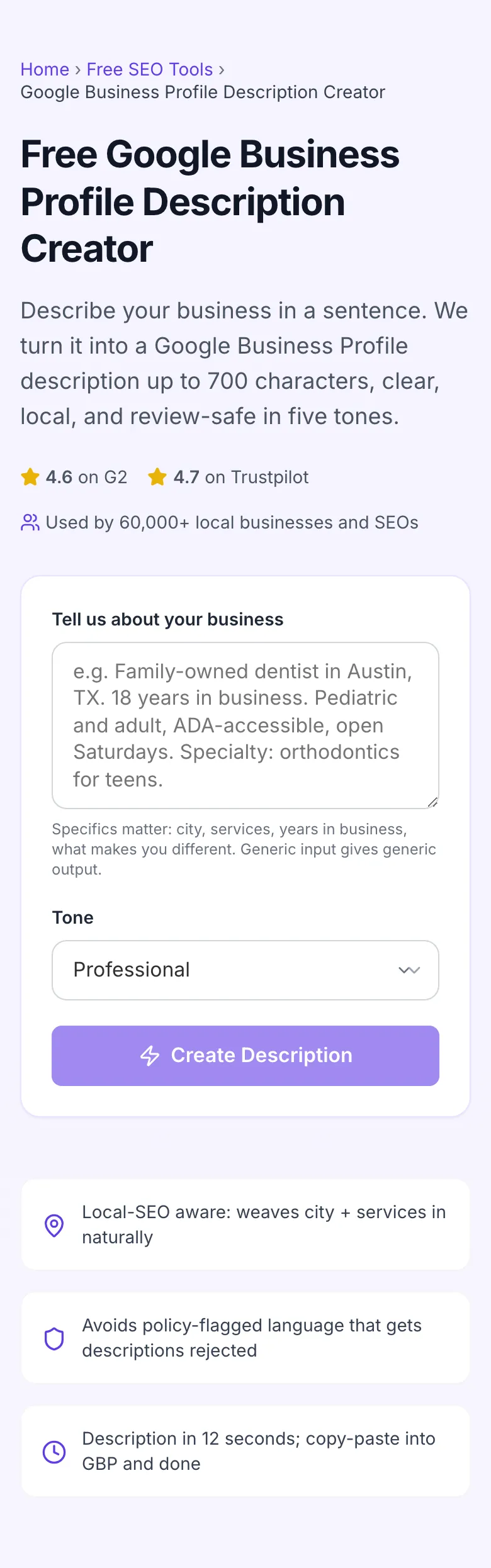 Empty Google Business Profile Description Creator before any input