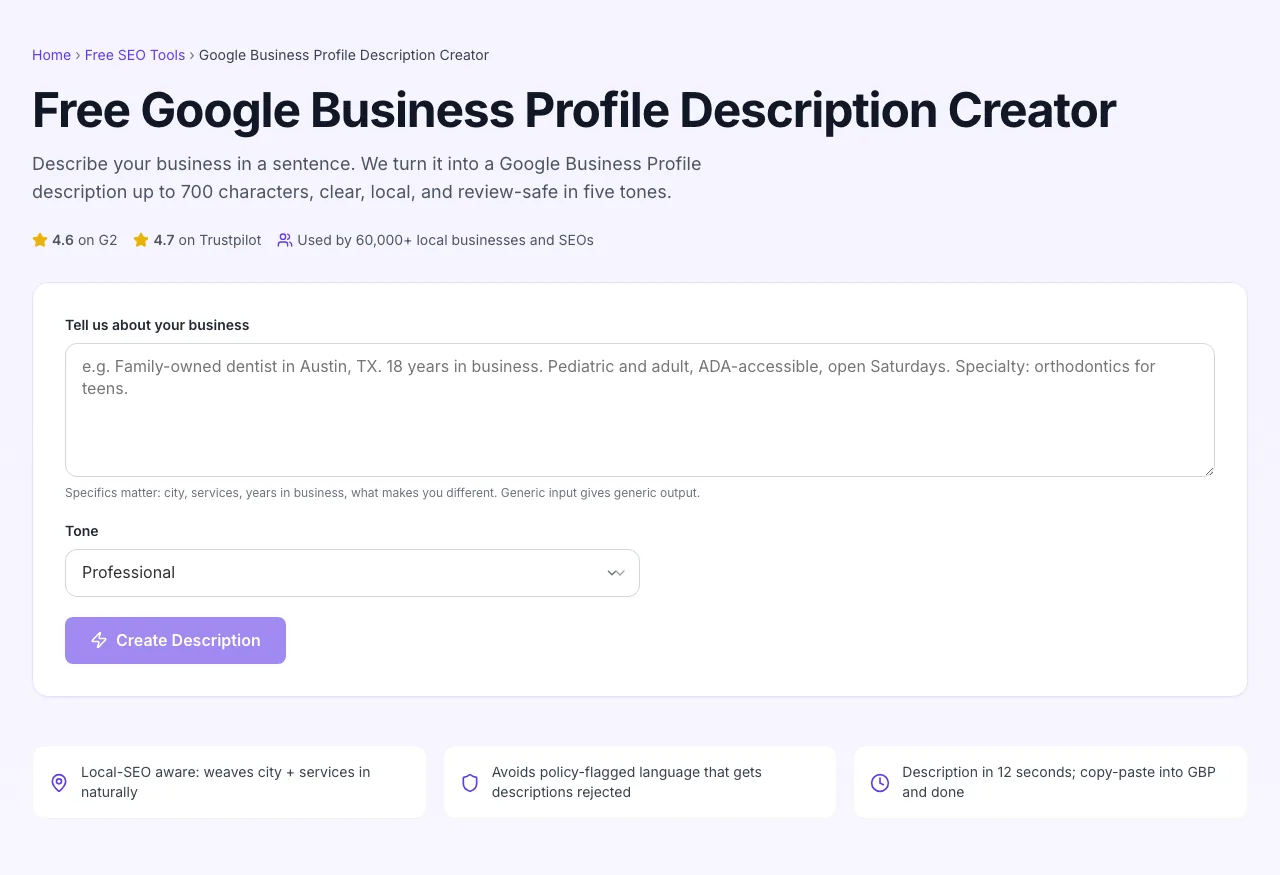 Empty Google Business Profile Description Creator before any input