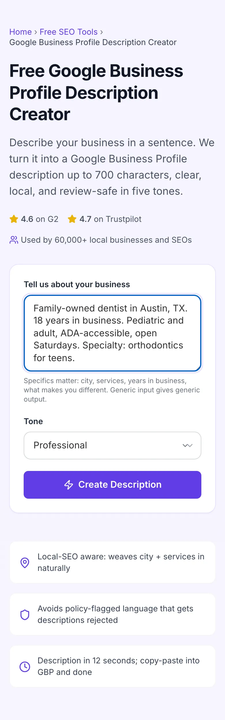 Google Business Profile Description Creator with input filled in