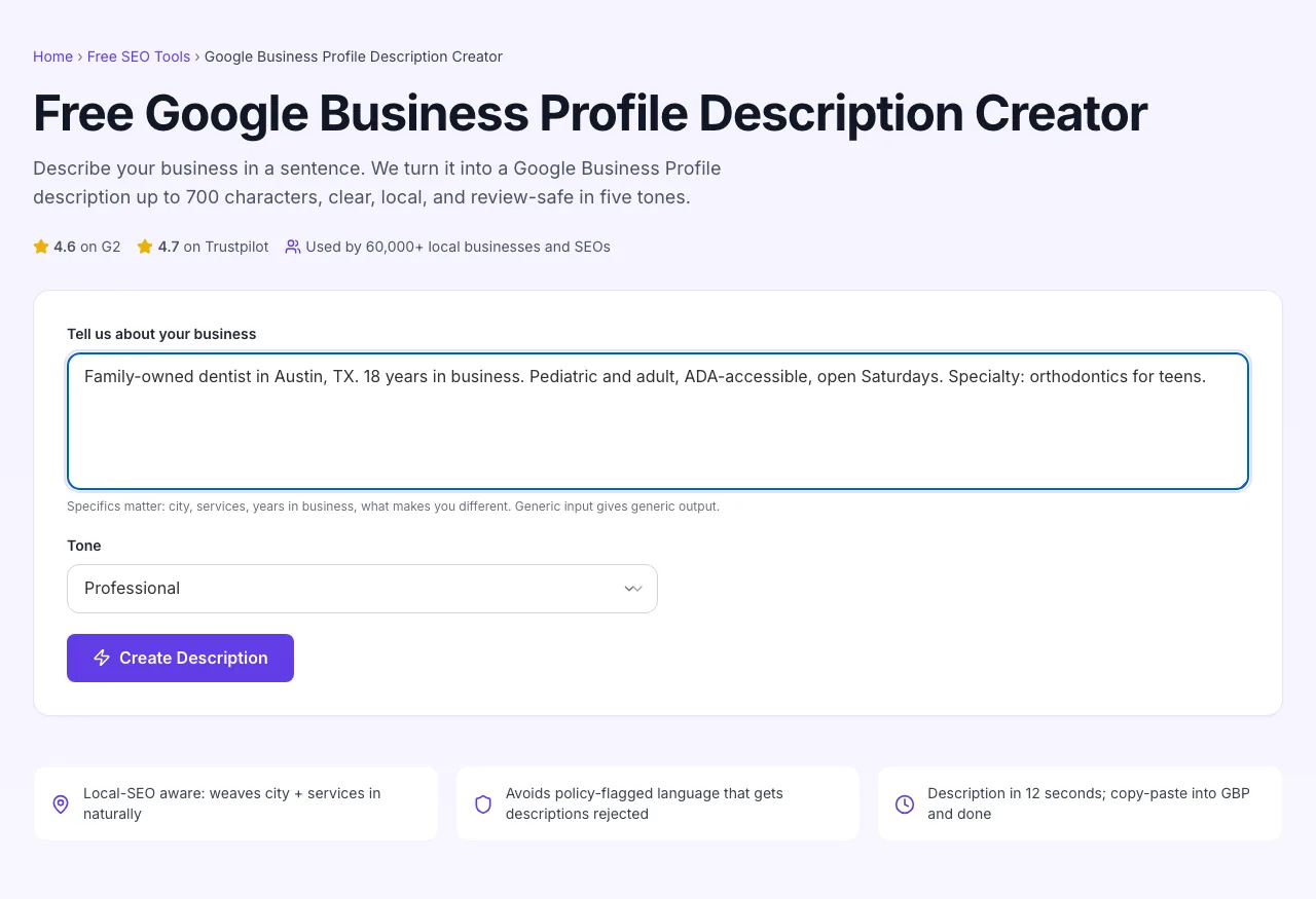 Google Business Profile Description Creator with input filled in