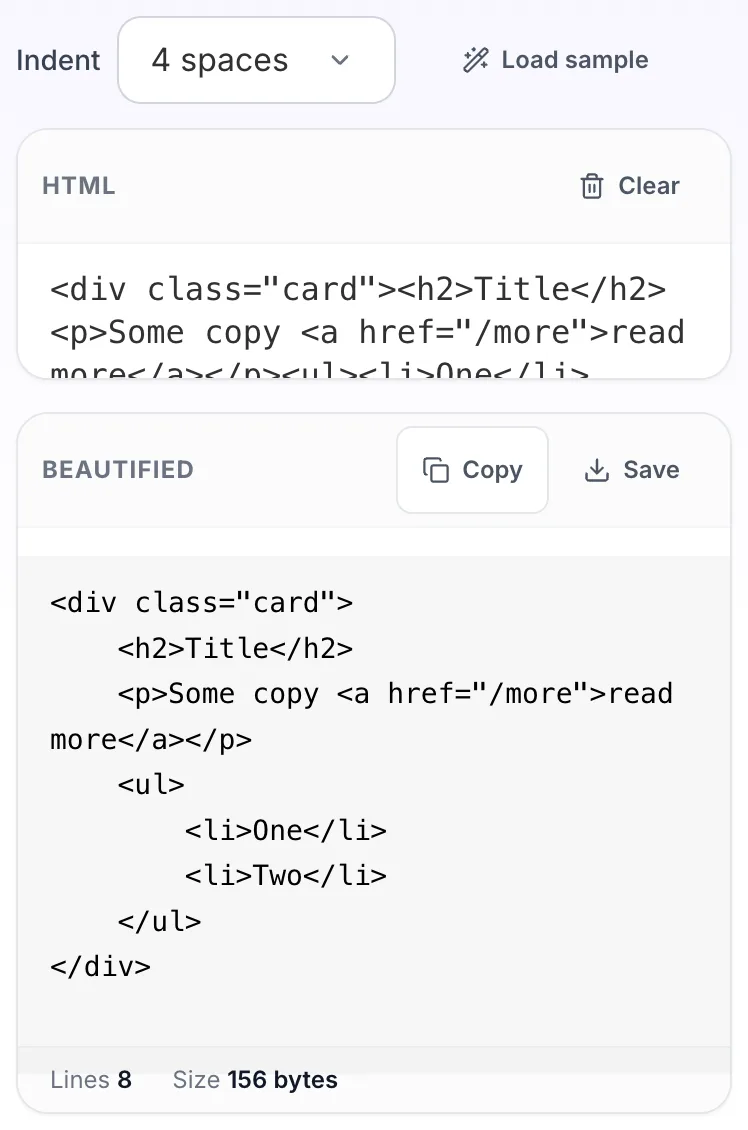 HTML Beautifier showing its result