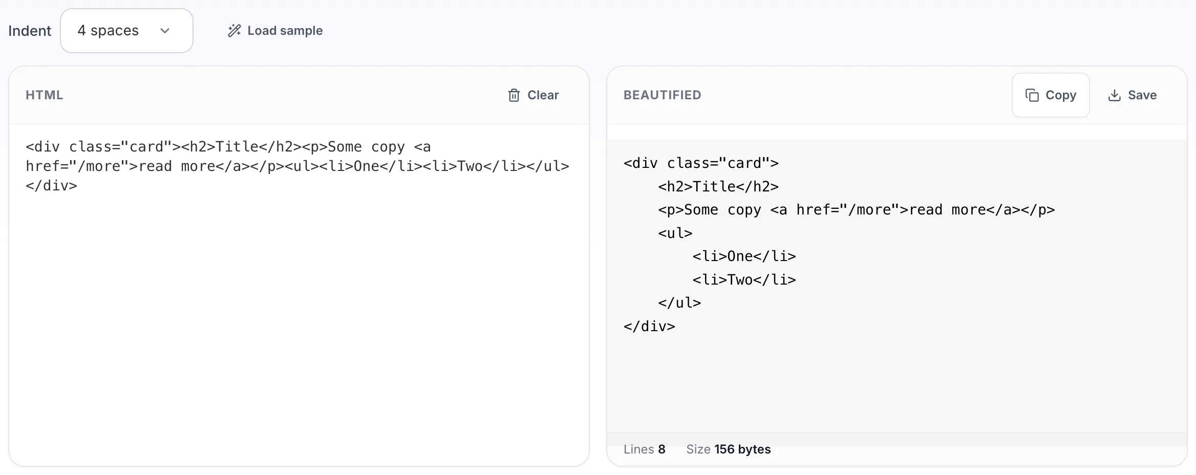 HTML Beautifier showing its result