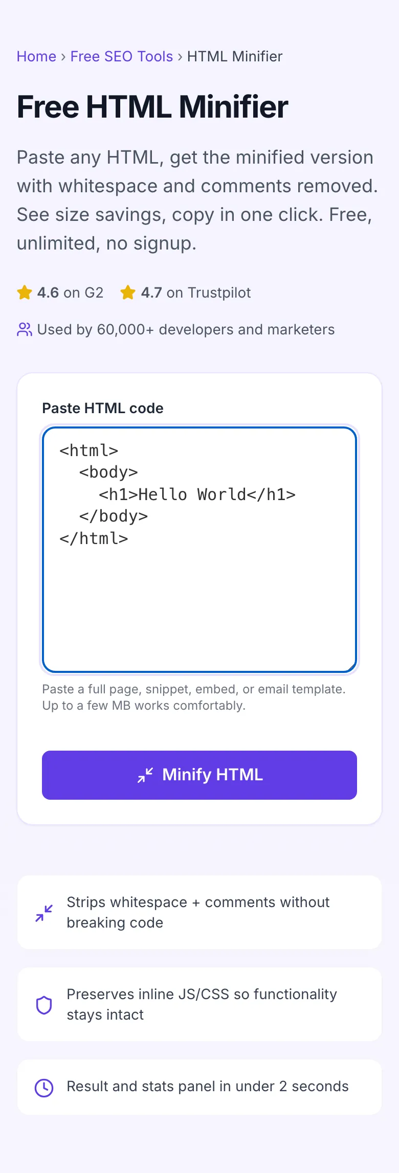 HTML Minifier with input filled in