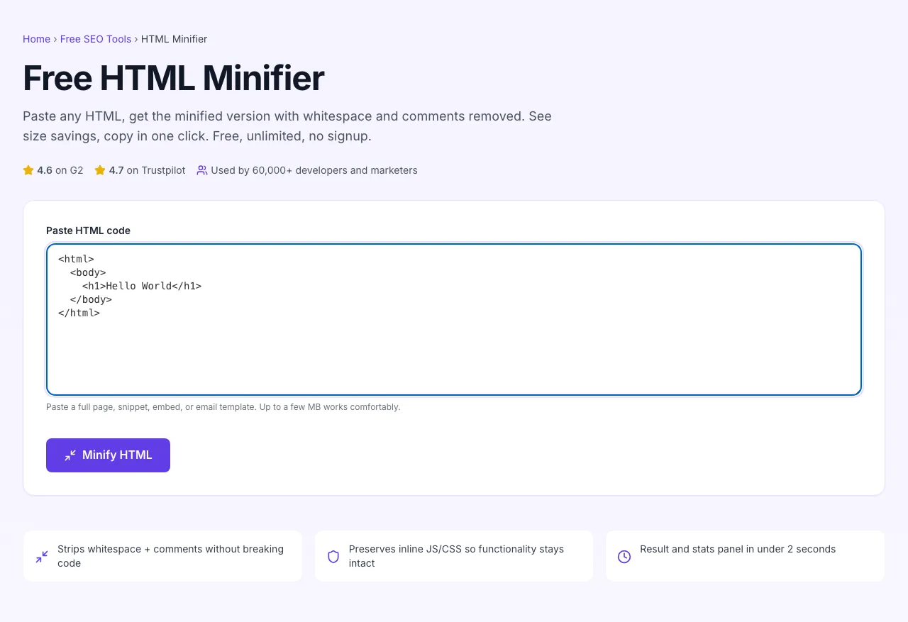 HTML Minifier with input filled in