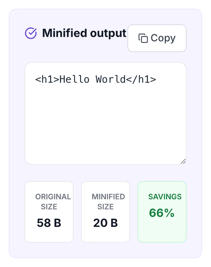 HTML Minifier showing its result