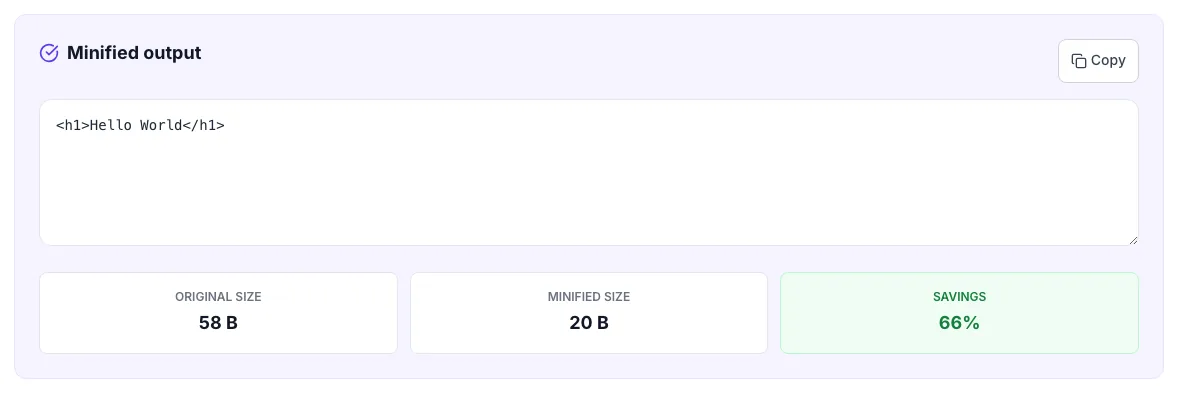 HTML Minifier showing its result