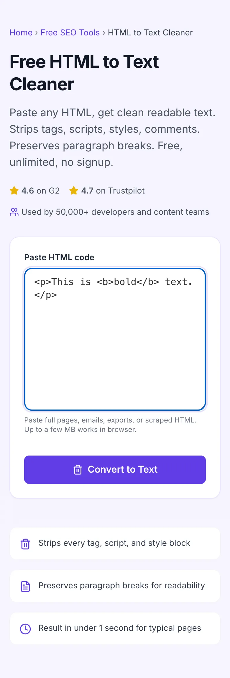 HTML To Text Cleaner with input filled in