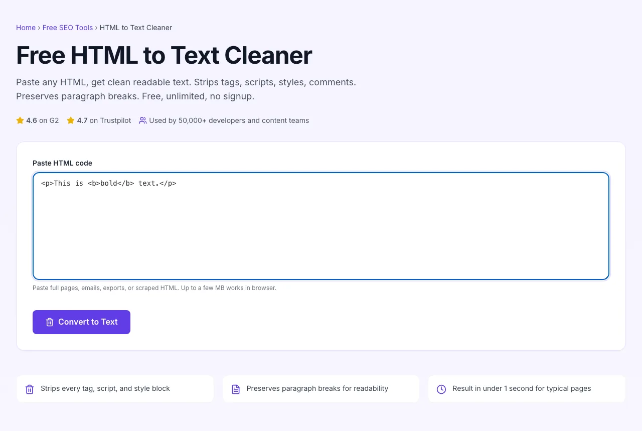 HTML To Text Cleaner with input filled in
