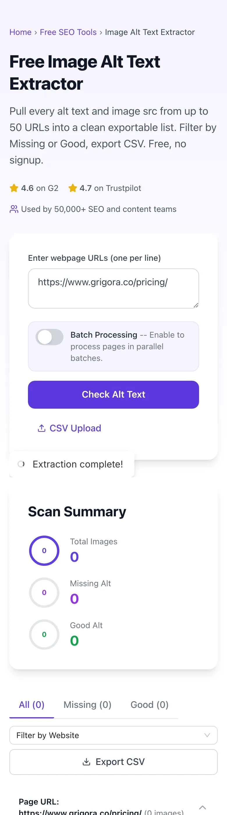 Image Alt Text Extractor showing its result