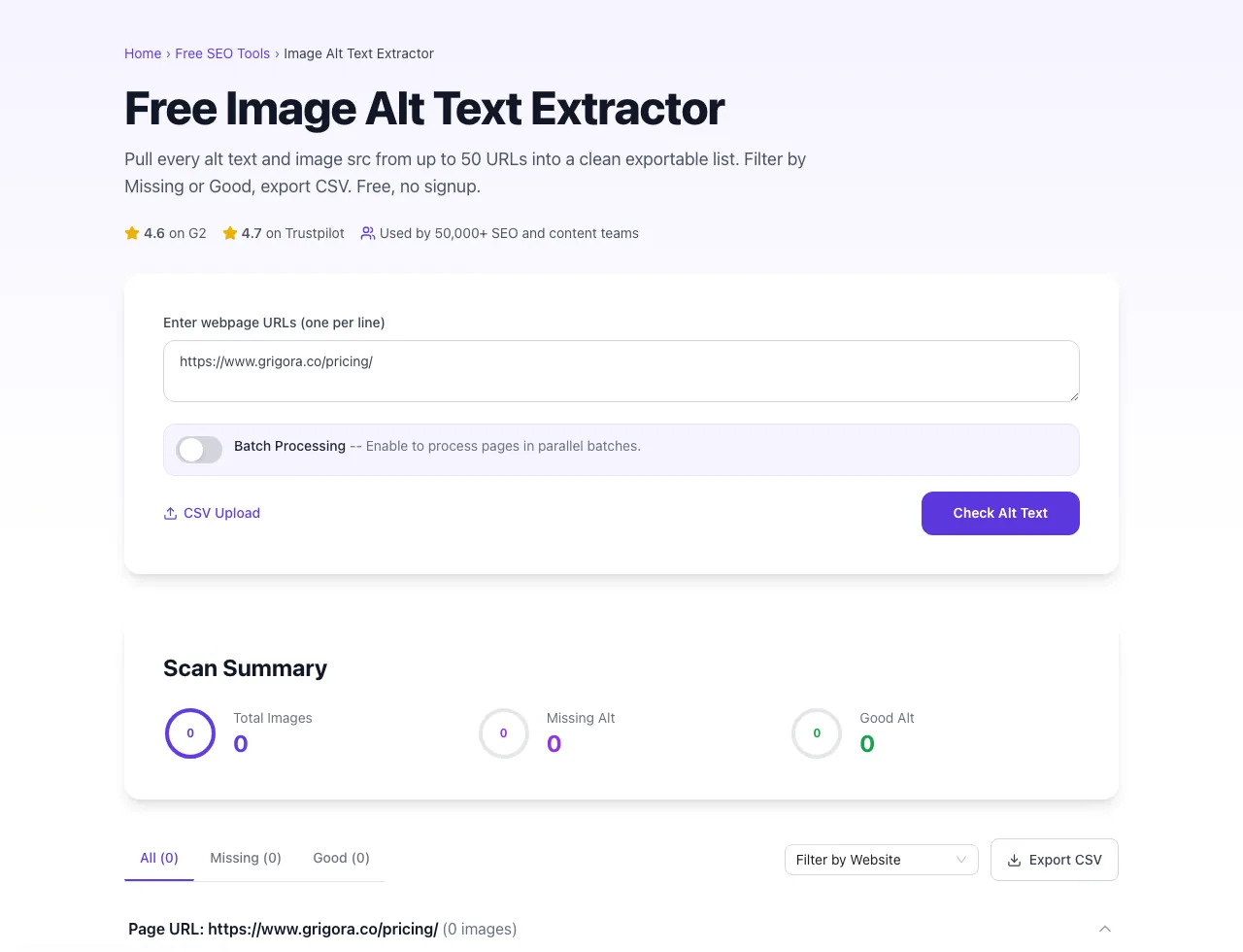 Image Alt Text Extractor showing its result