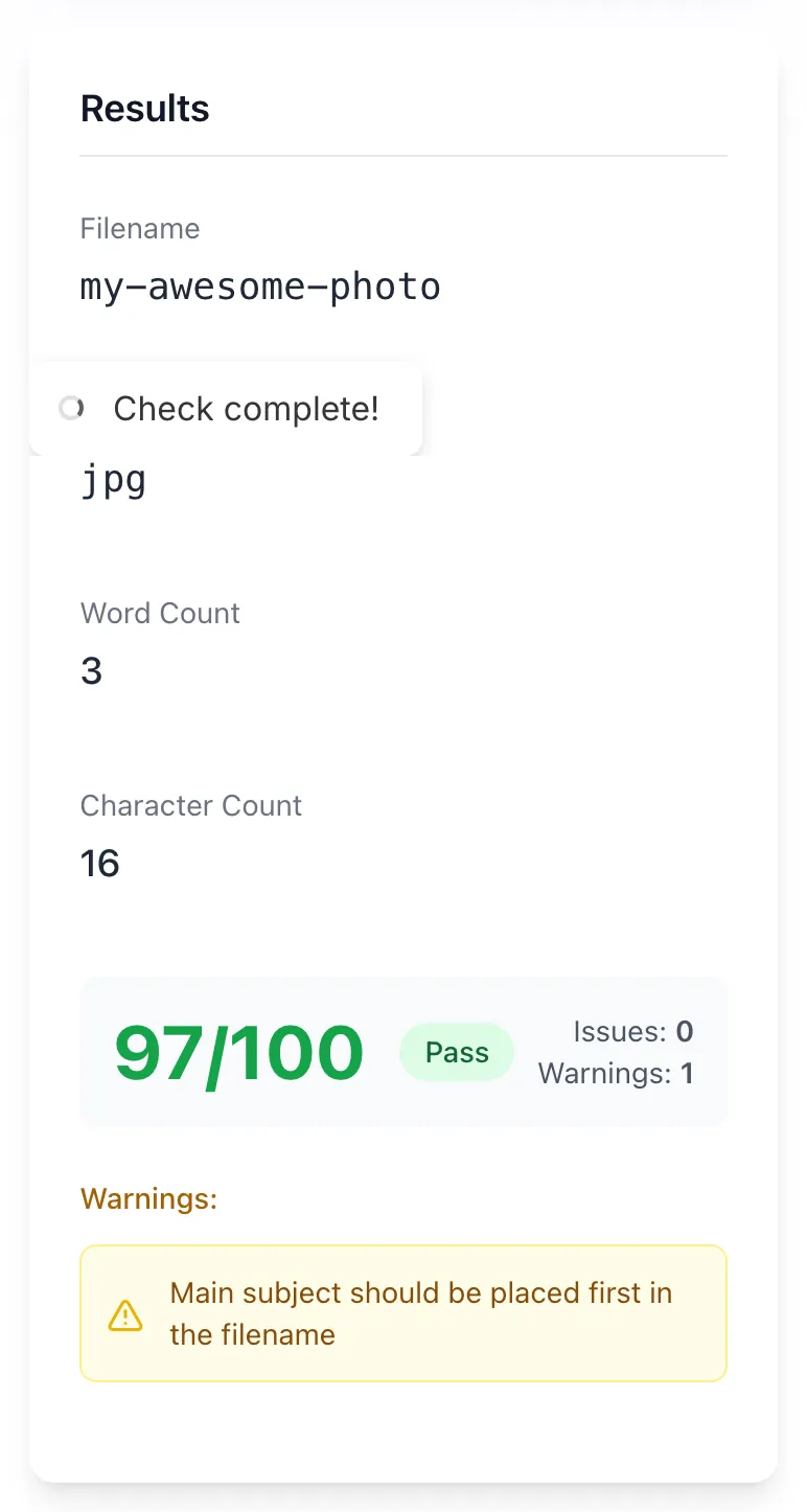 Image Filename SEO Checker showing its result