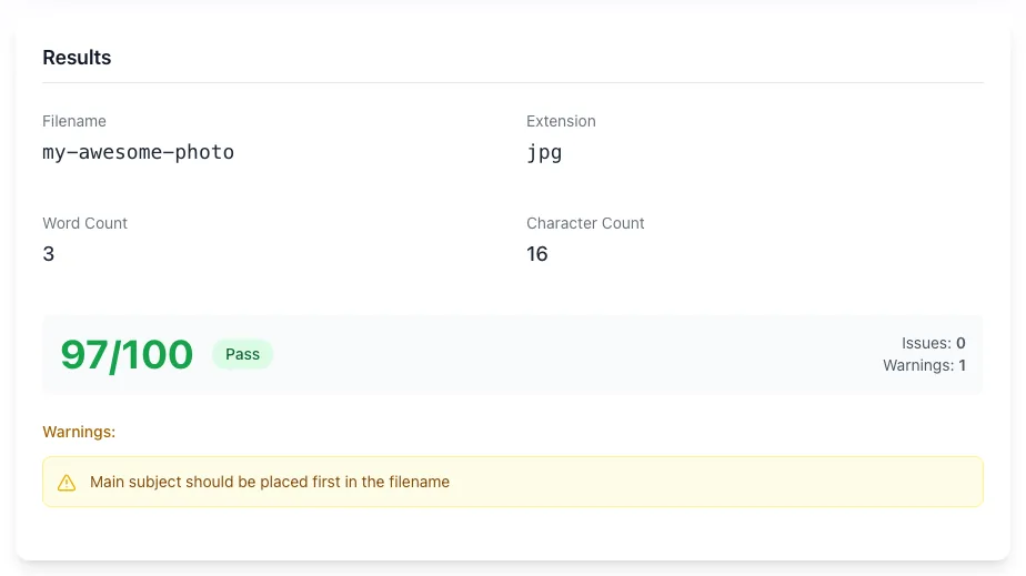 Image Filename SEO Checker showing its result