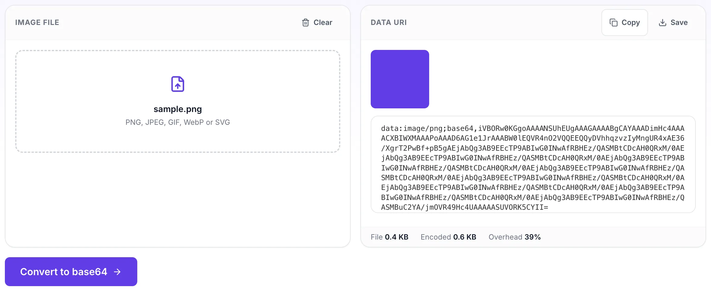 Image to Base64 Converter showing its result