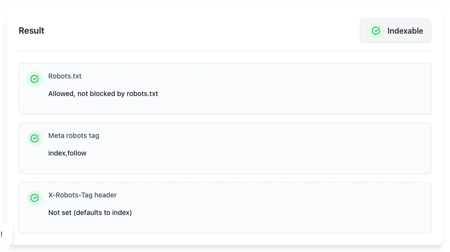 Indexability Checker showing its result