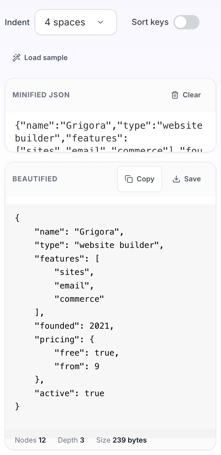 JSON Beautifier showing its result