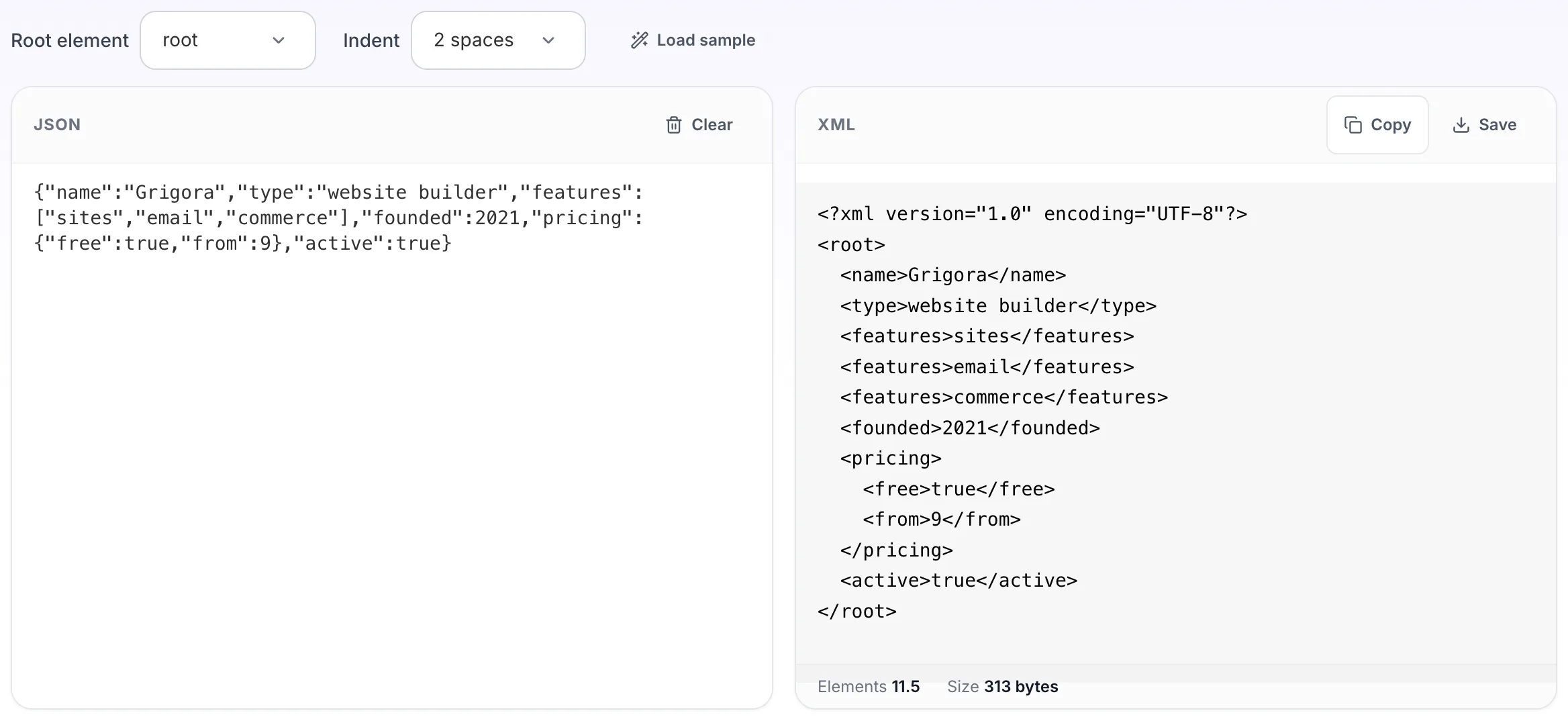 JSON to XML Converter showing its result