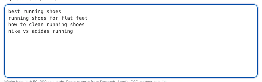 Keyword Clustering Tool showing its result