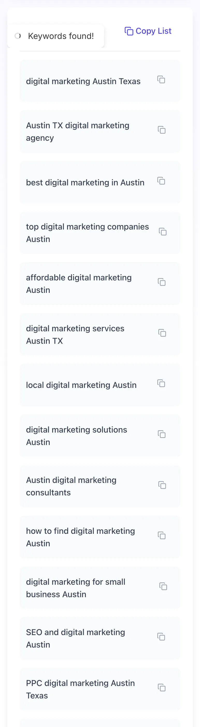 Location Based Keyword Finder showing its result