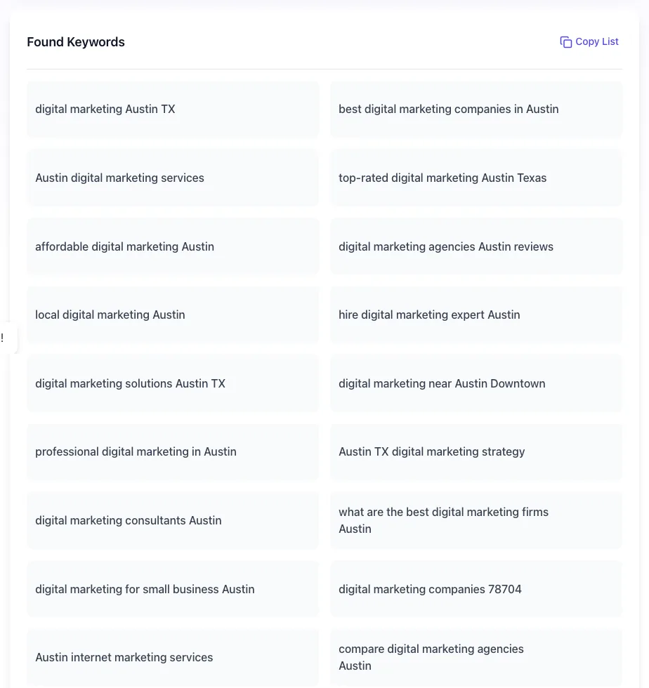 Location Based Keyword Finder showing its result